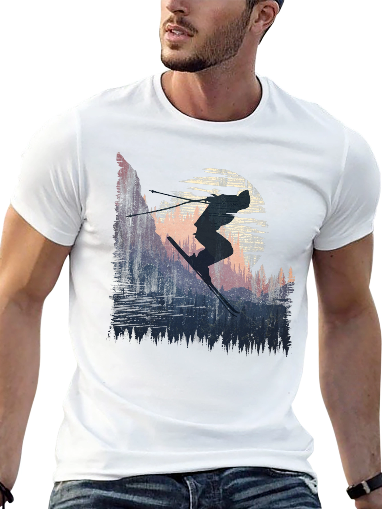 Skier Silhouette Graphic Tee - Black Cotton T-Shirt