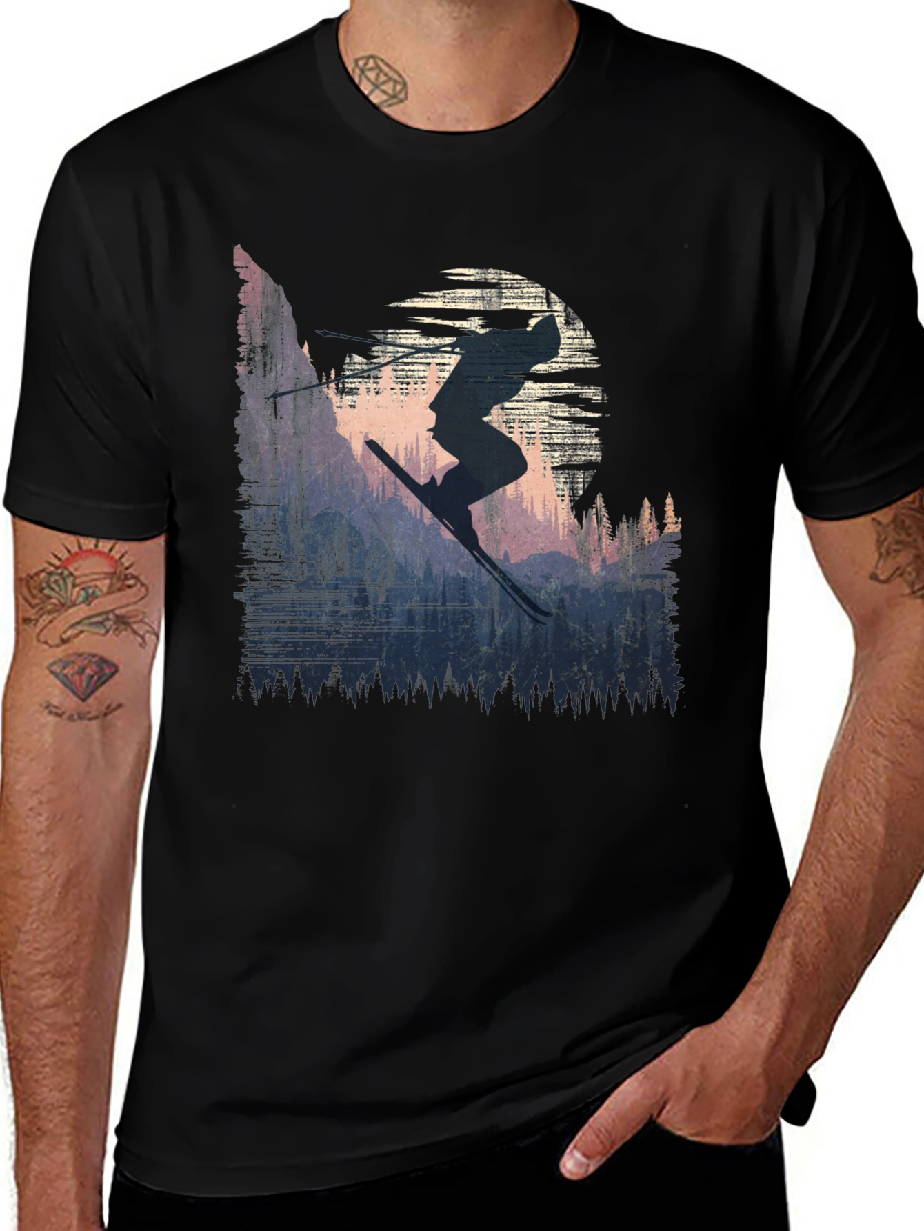 Skier Silhouette Graphic Tee - Black Cotton T-Shirt