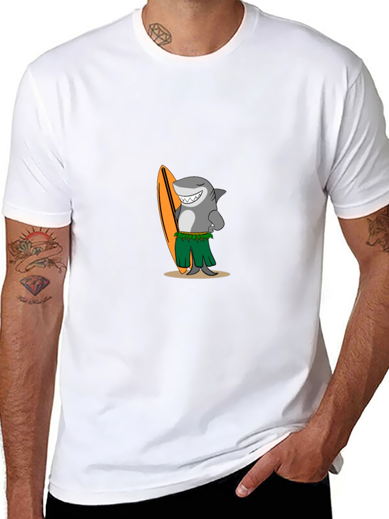 Surfing Shark Graphic Tee - Black Cotton T-Shirt