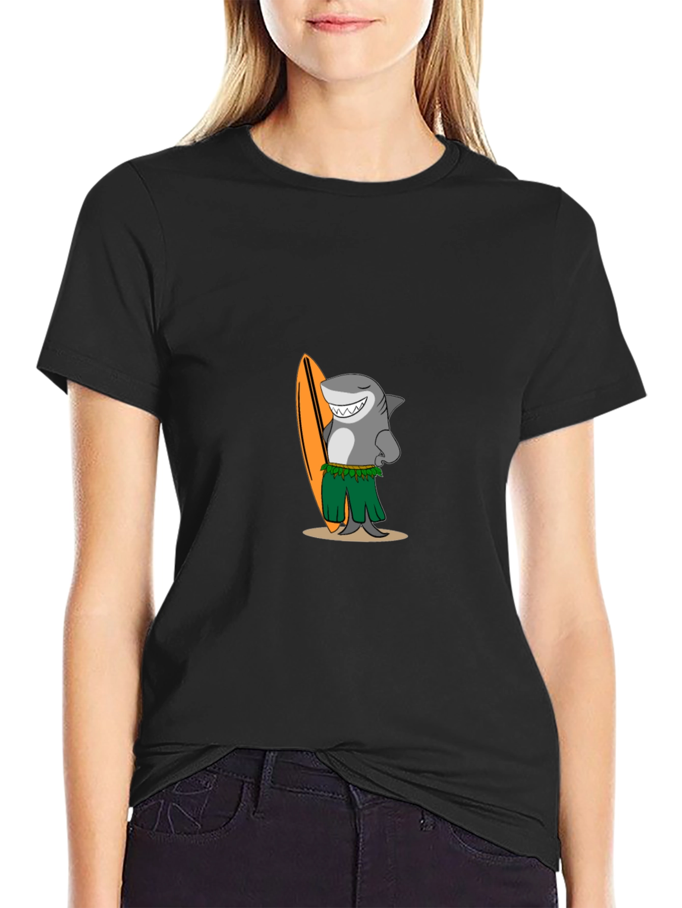 Surfing Shark Graphic Tee - Black Cotton T-Shirt