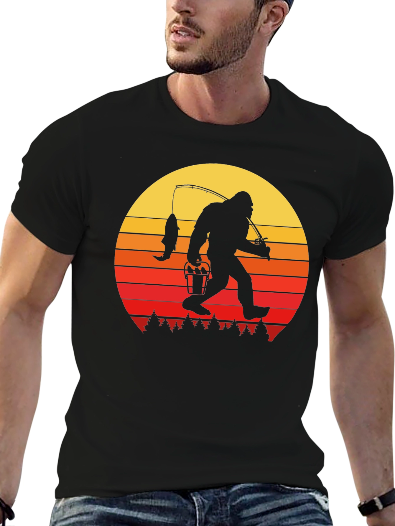Bigfoot Fishing Sunset Graphic Tee