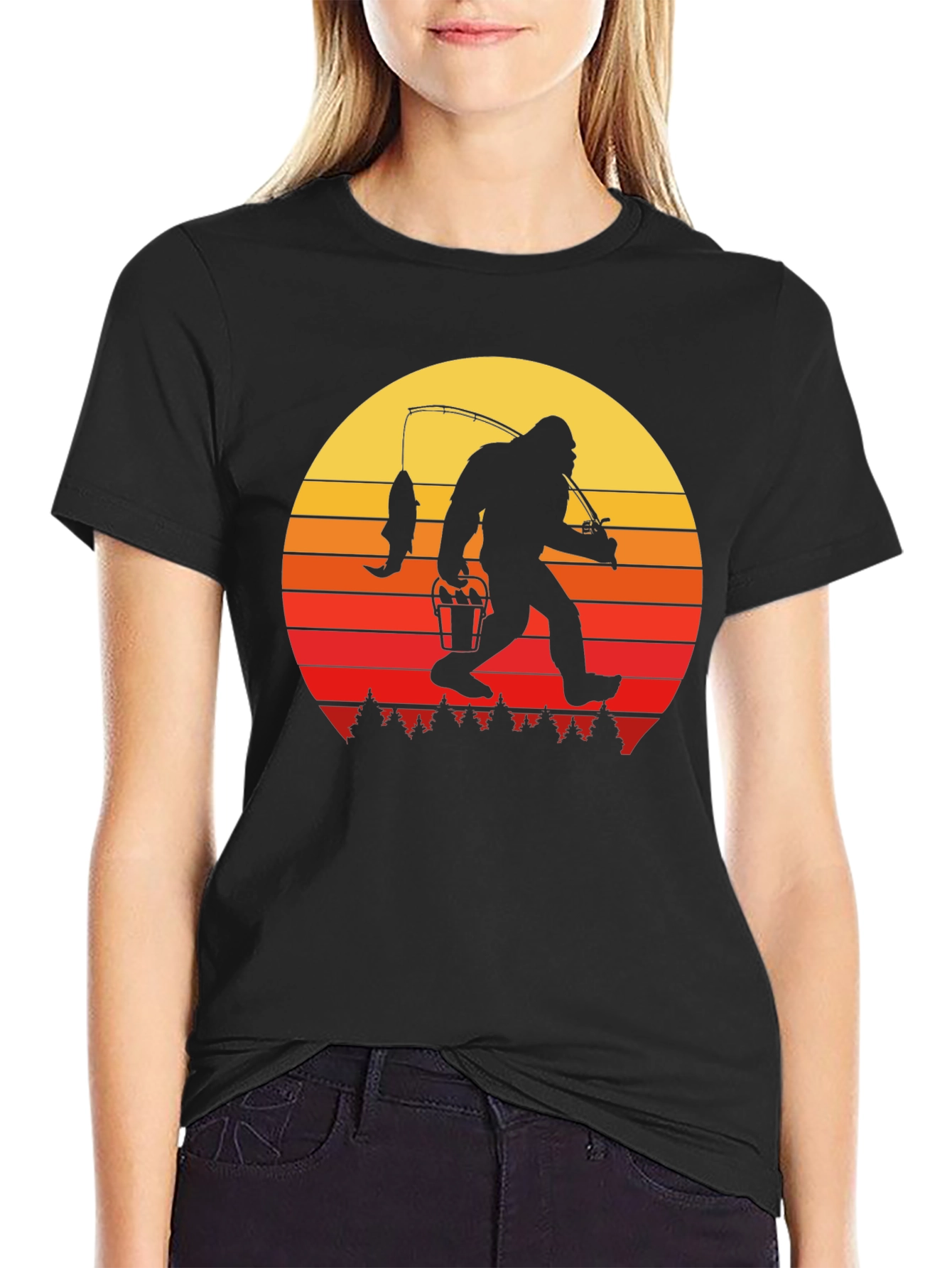 Bigfoot Fishing Sunset Graphic Tee