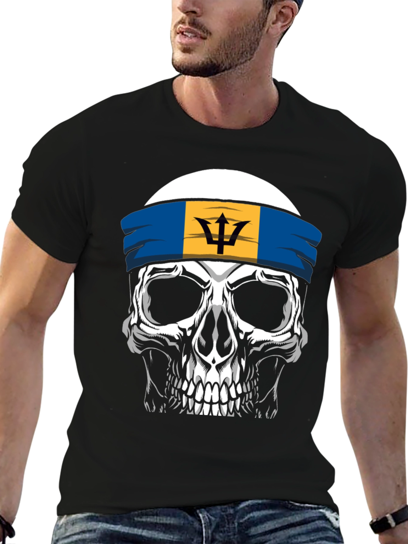 Barbados Flag Skull Graphic Tee - Black