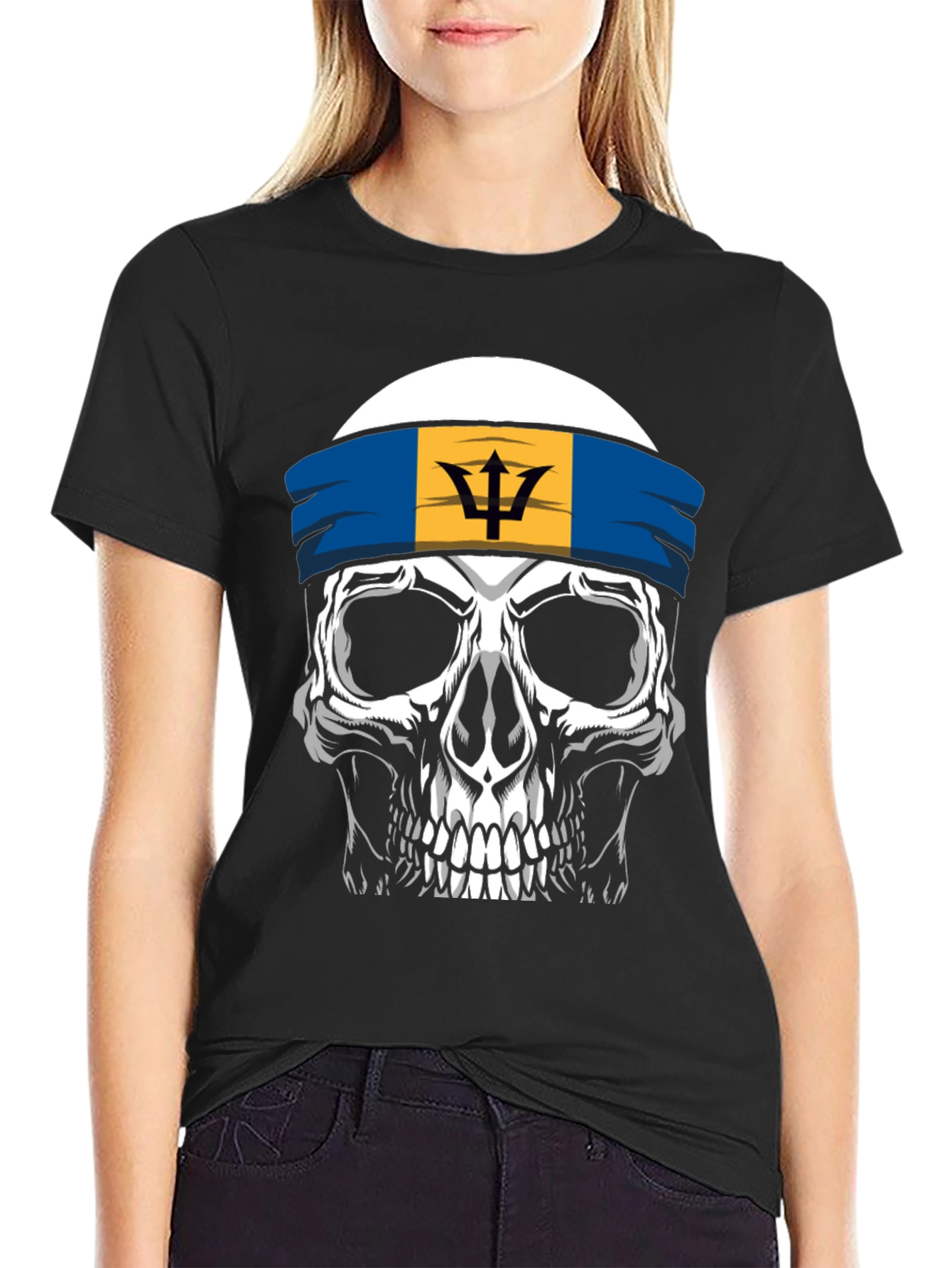 Barbados Flag Skull Graphic Tee - Black