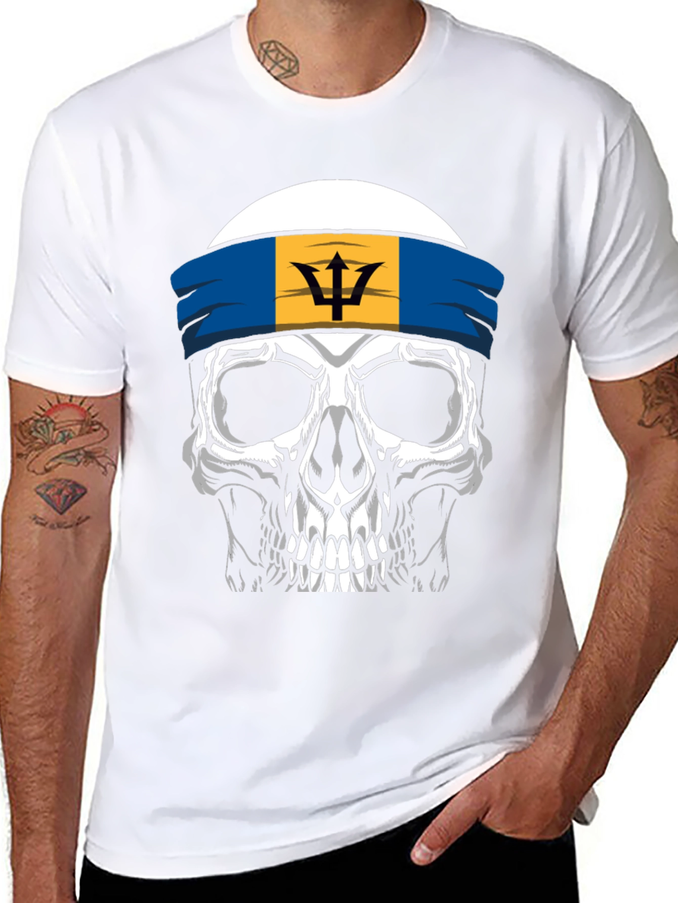 Barbados Flag Skull Graphic Tee - Black