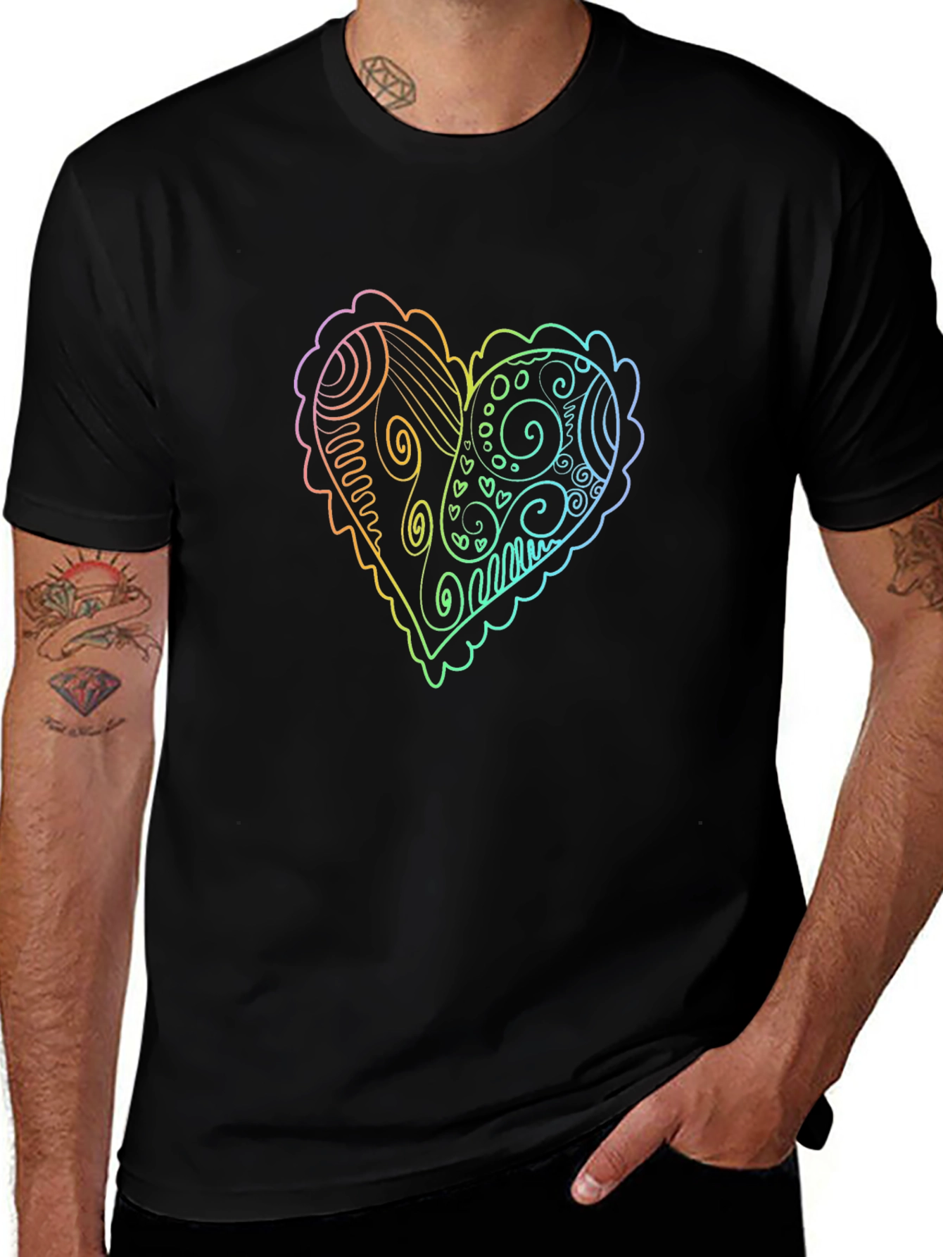 Rainbow Heart Doodle Graphic Tee - Black