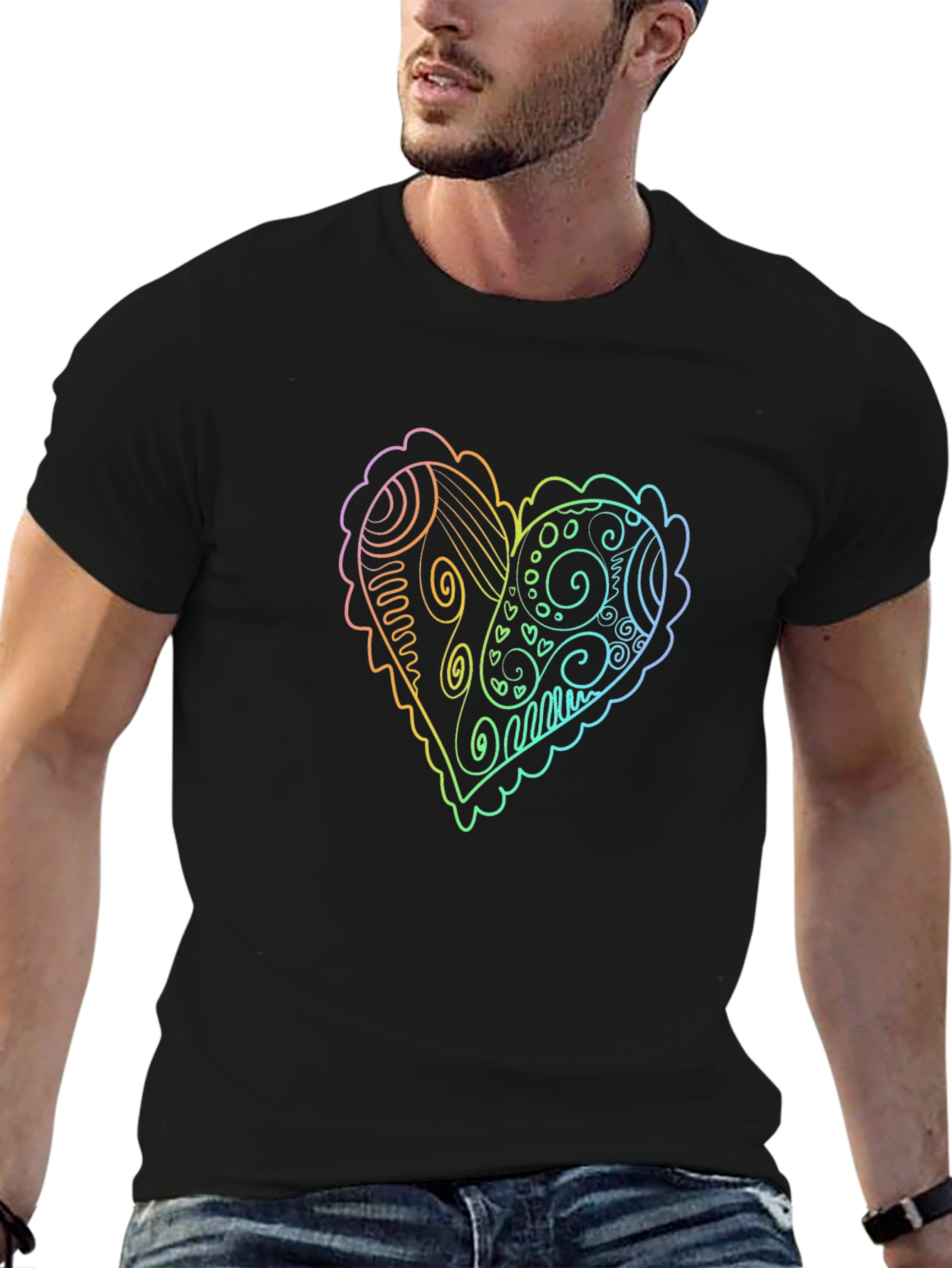 Rainbow Heart Doodle Graphic Tee - Black