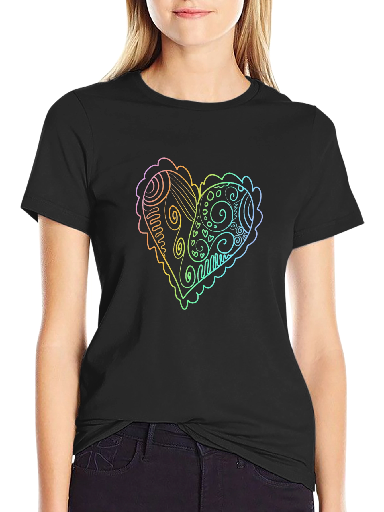 Rainbow Heart Doodle Graphic Tee - Black