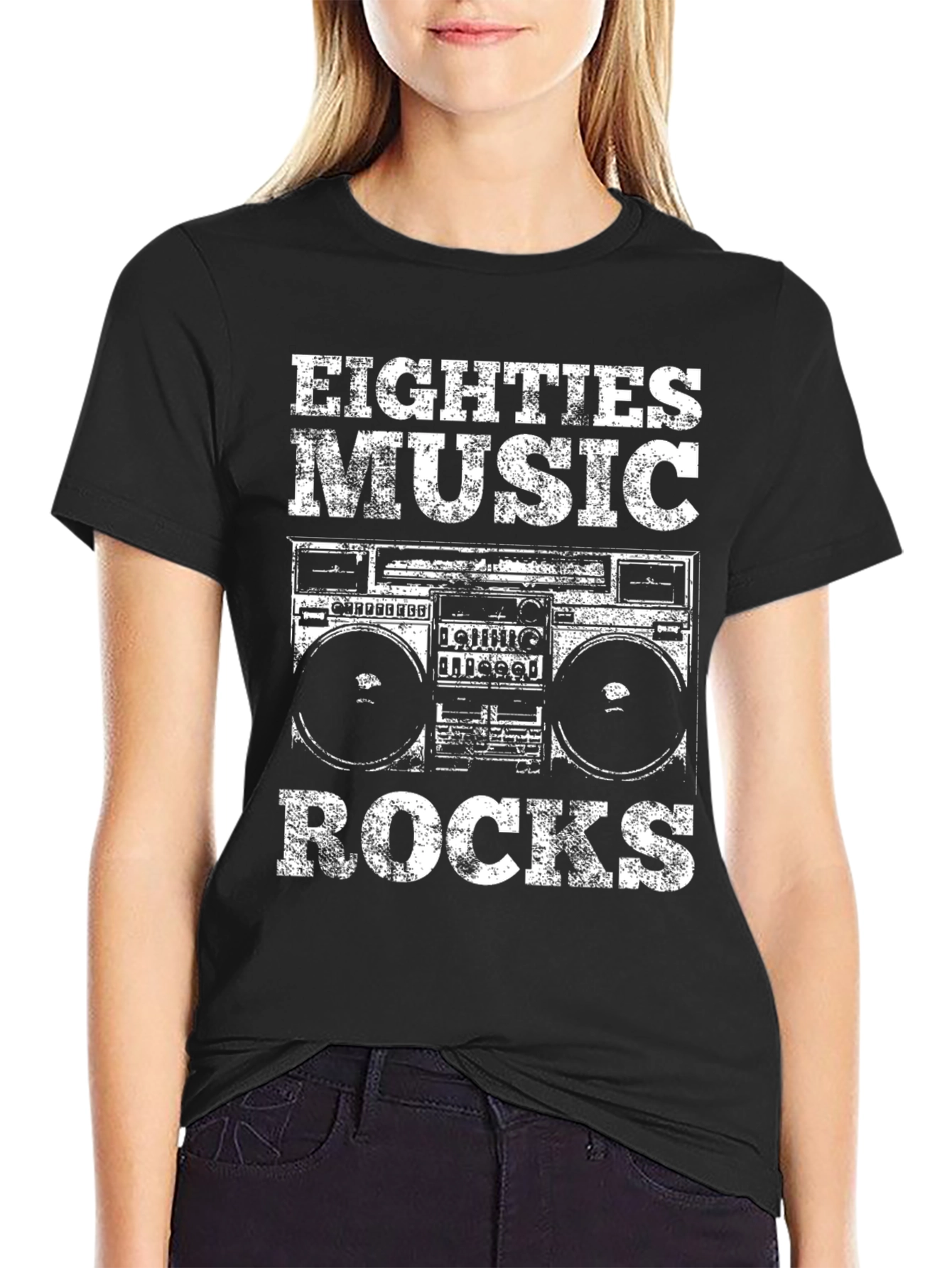 Eighties Music Rocks Black T-Shirt Boombox Design
