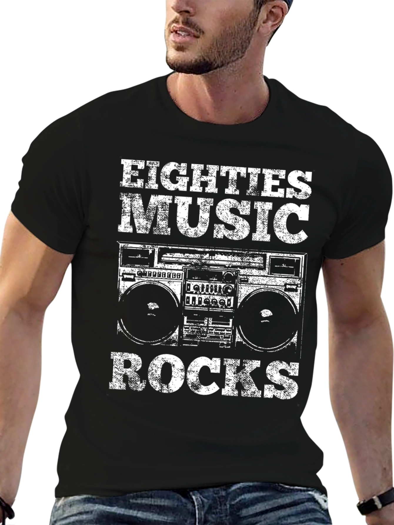 Eighties Music Rocks Black T-Shirt Boombox Design