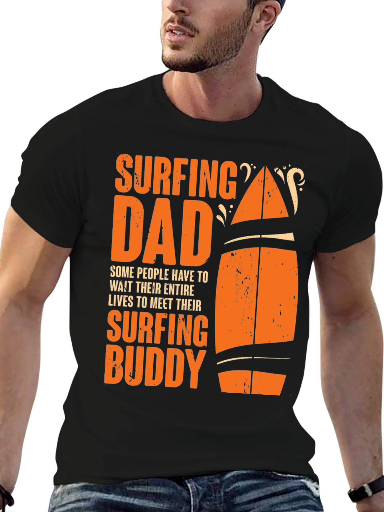 Surfing Dad & Buddy Black Cotton T-Shirt