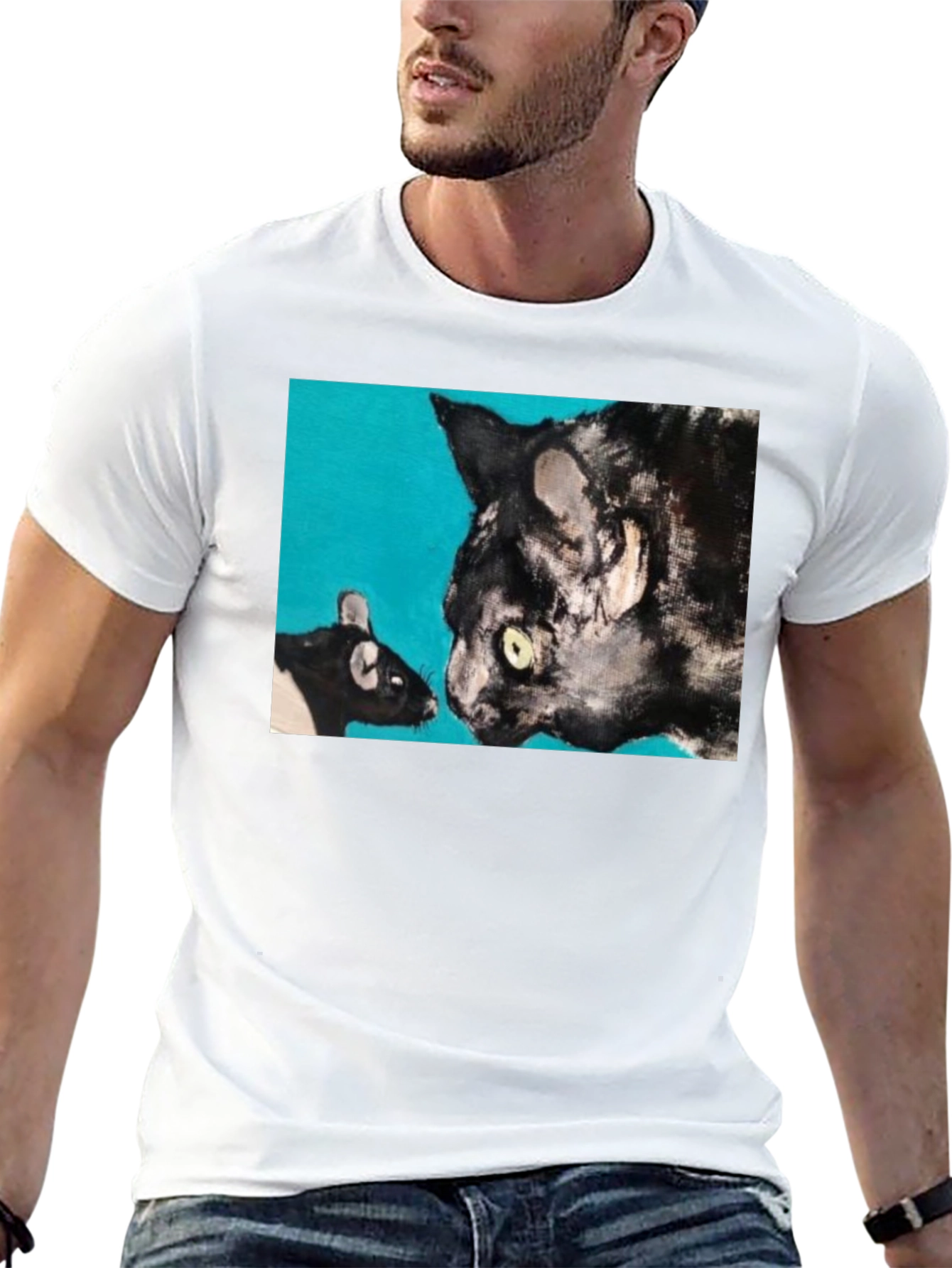 Cat and Mouse Art Graphic Black T-Shirt
