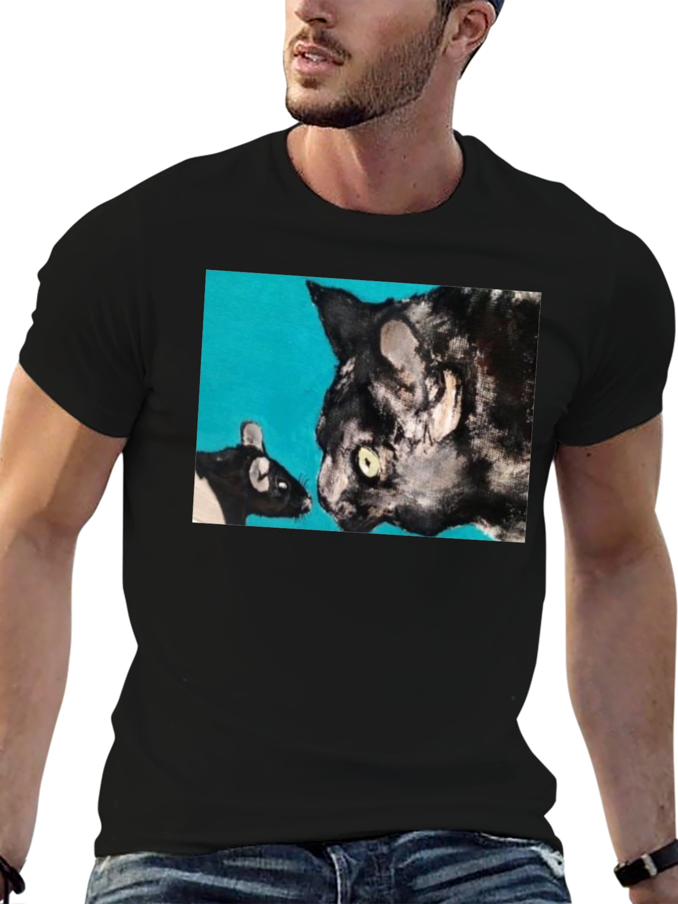 Cat and Mouse Art Graphic Black T-Shirt