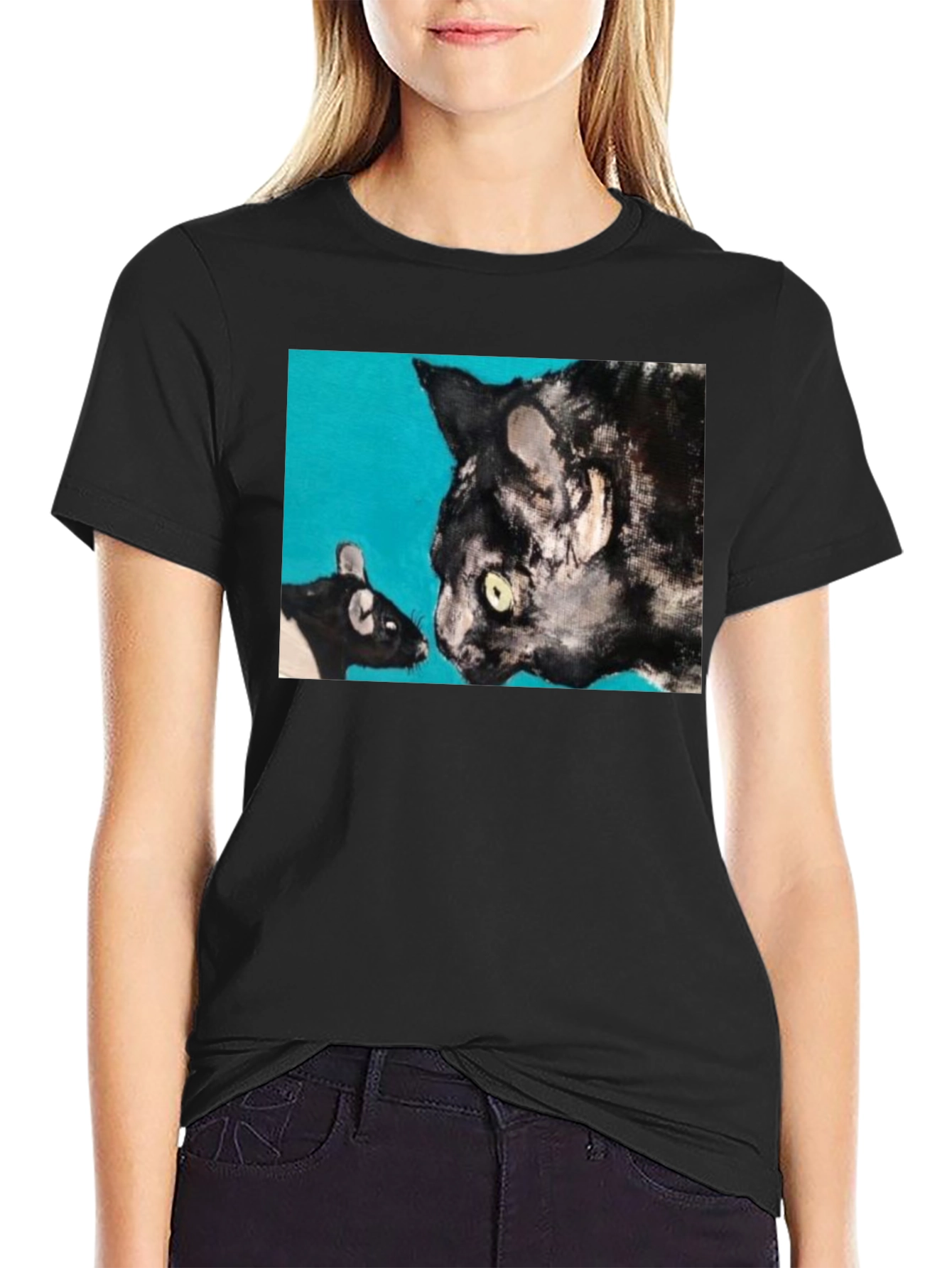 Cat and Mouse Art Graphic Black T-Shirt