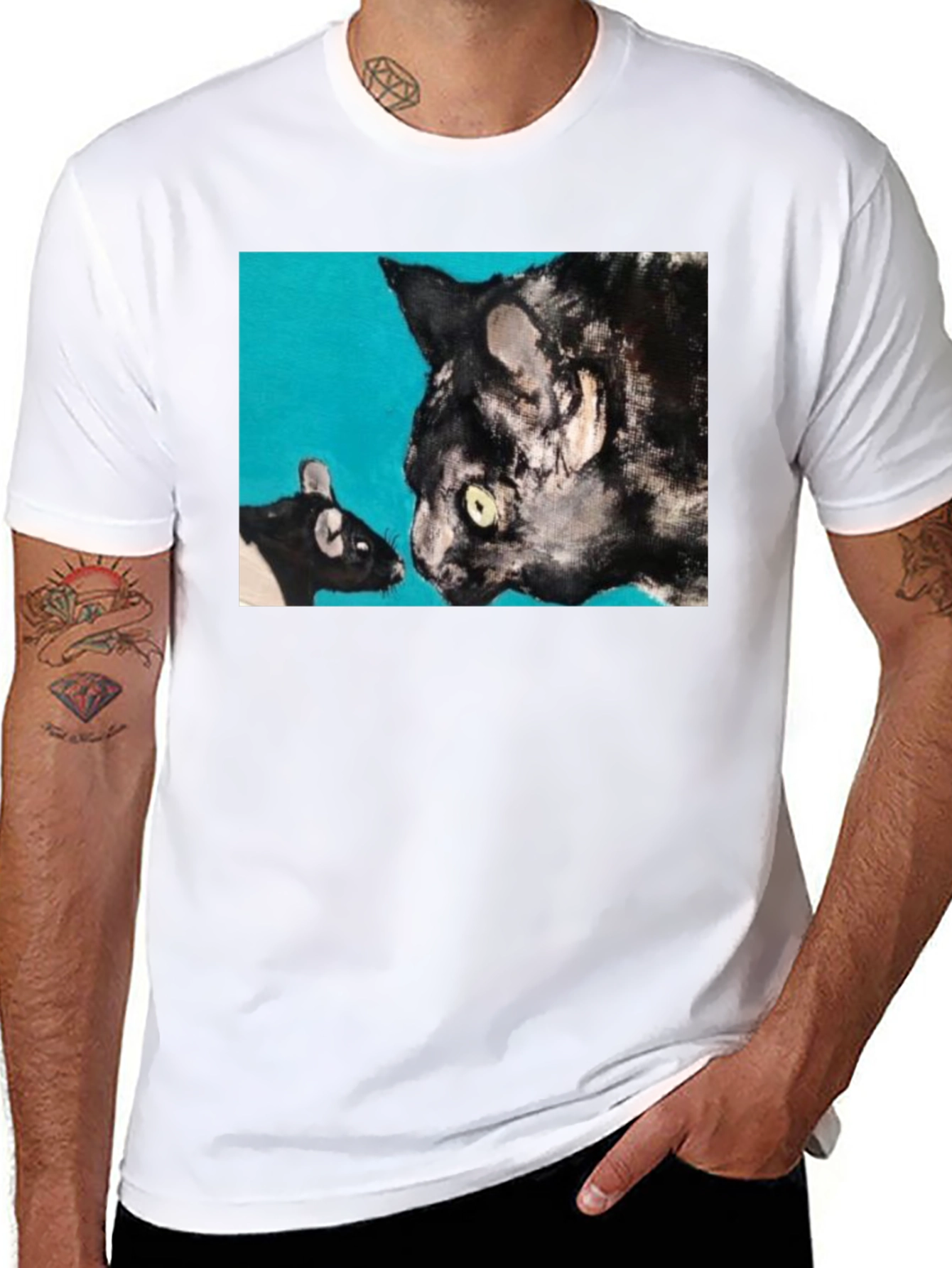 Cat and Mouse Art Graphic Black T-Shirt