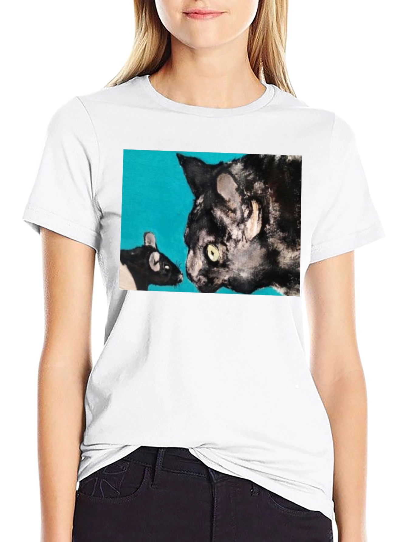 Cat and Mouse Art Graphic Black T-Shirt