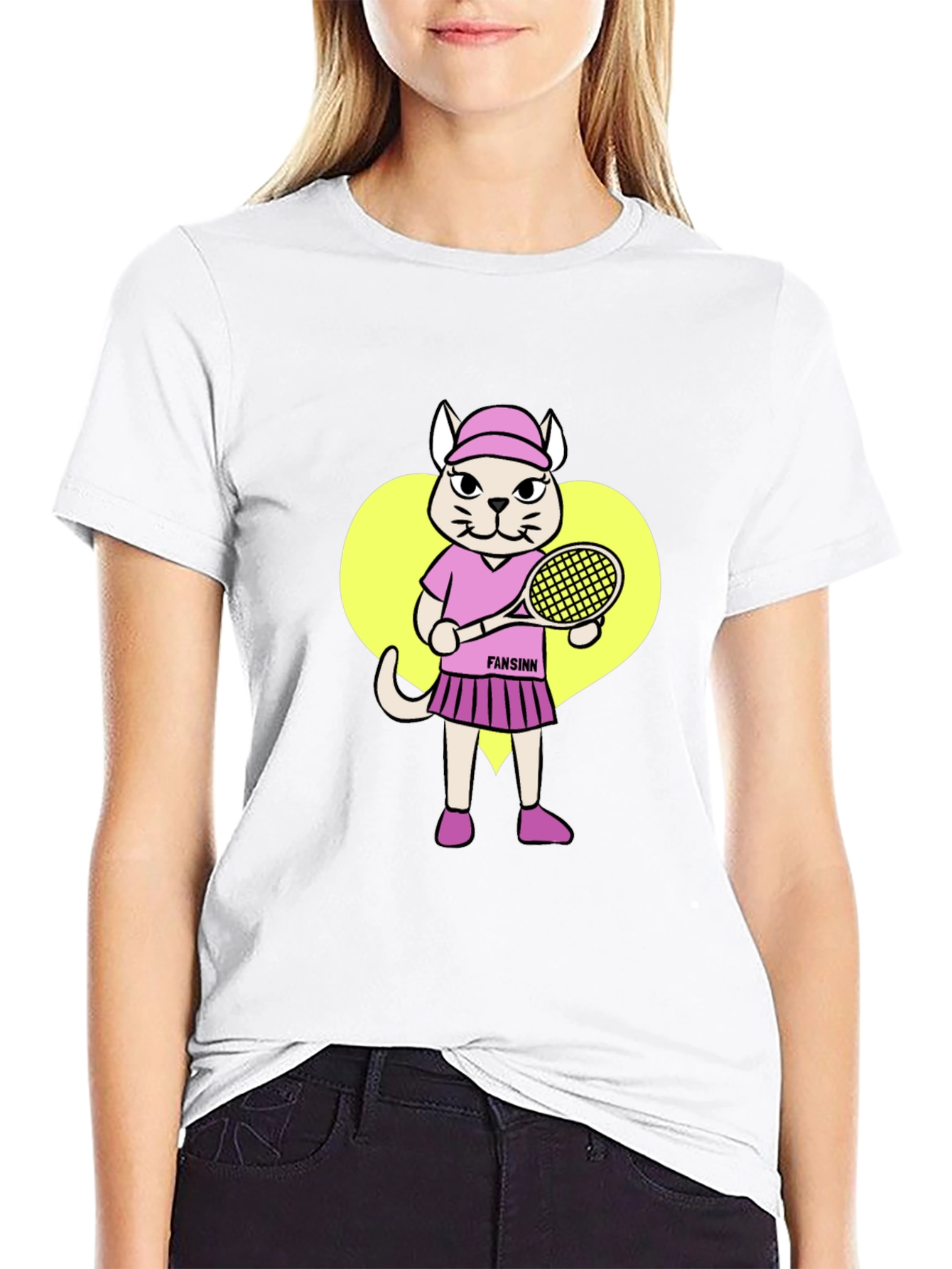 Funny Cat Tennis Player Black T-Shirt
