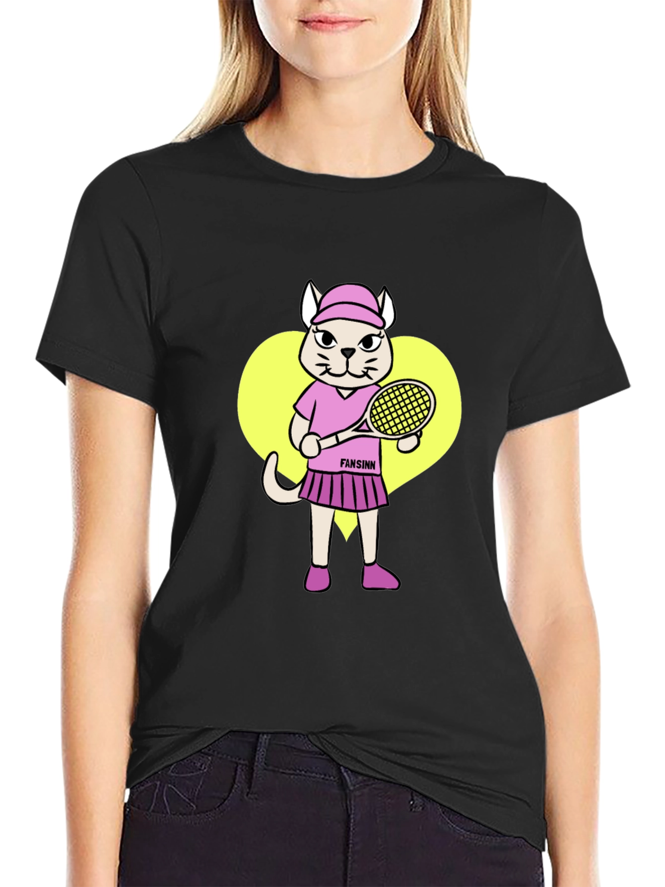 Funny Cat Tennis Player Black T-Shirt