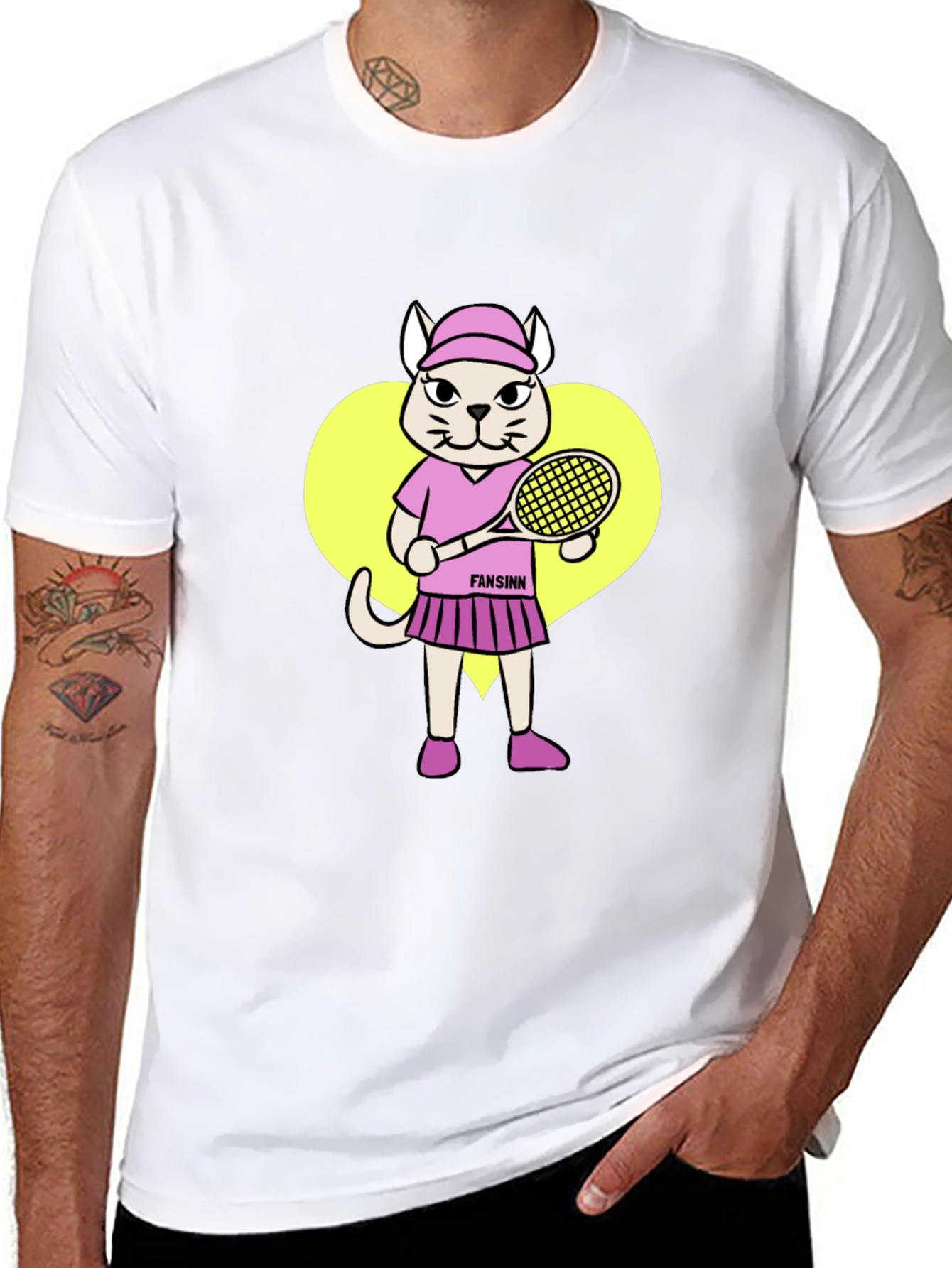 Funny Cat Tennis Player Black T-Shirt
