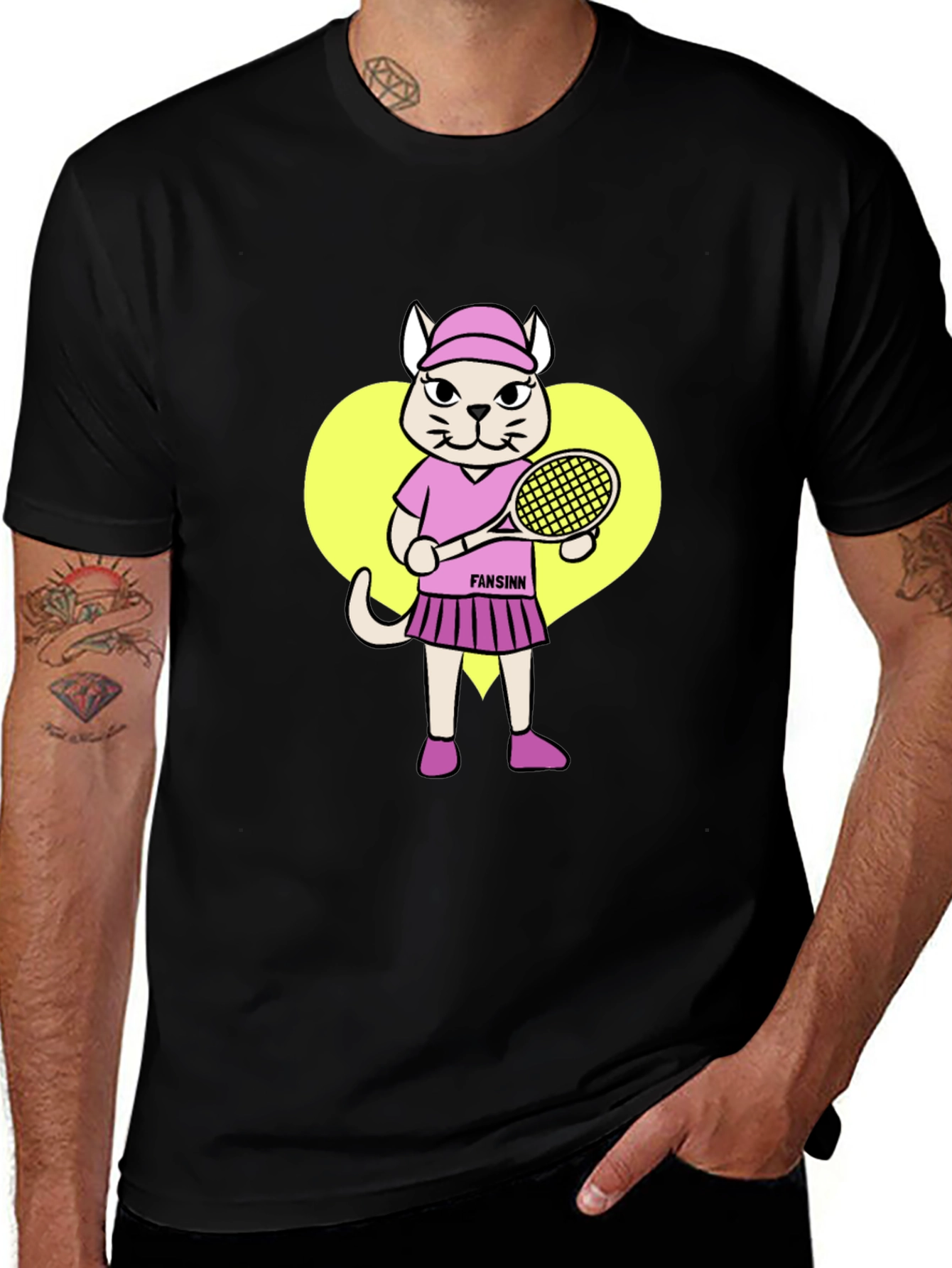 Funny Cat Tennis Player Black T-Shirt