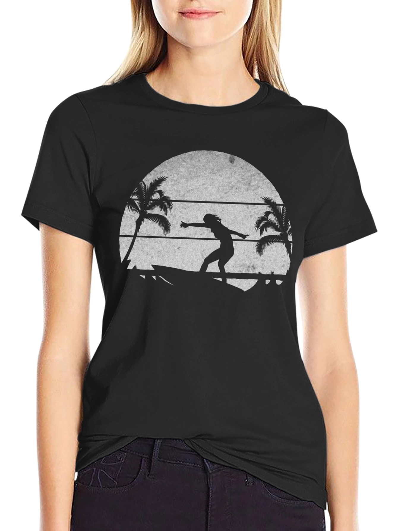 Surfer Silhouette T-Shirt - Tropical Beach Design