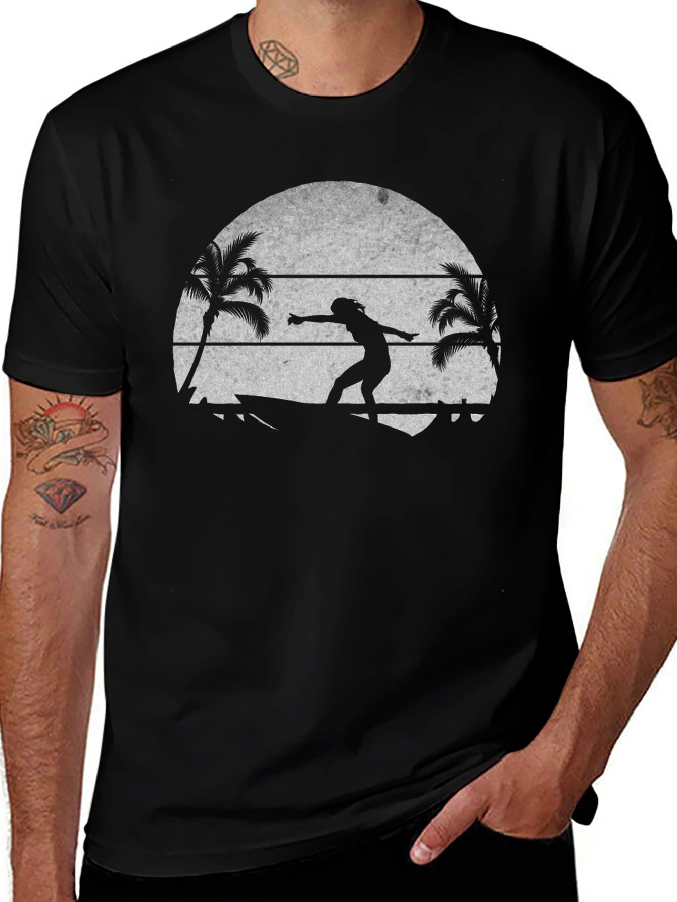 Surfer Silhouette T-Shirt - Tropical Beach Design