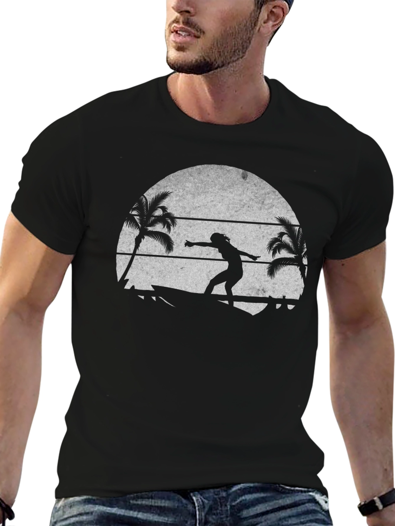 Surfer Silhouette T-Shirt - Tropical Beach Design