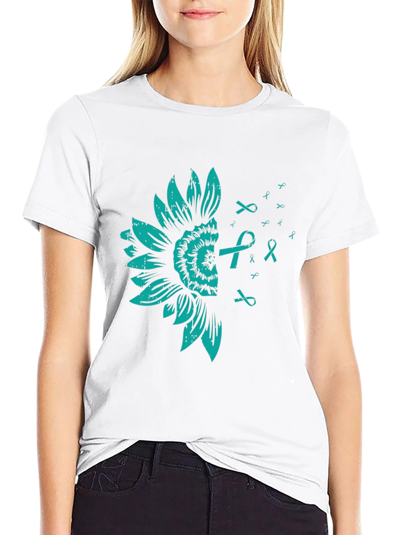 Teal Sunflower Ribbon Awareness T-Shirt
