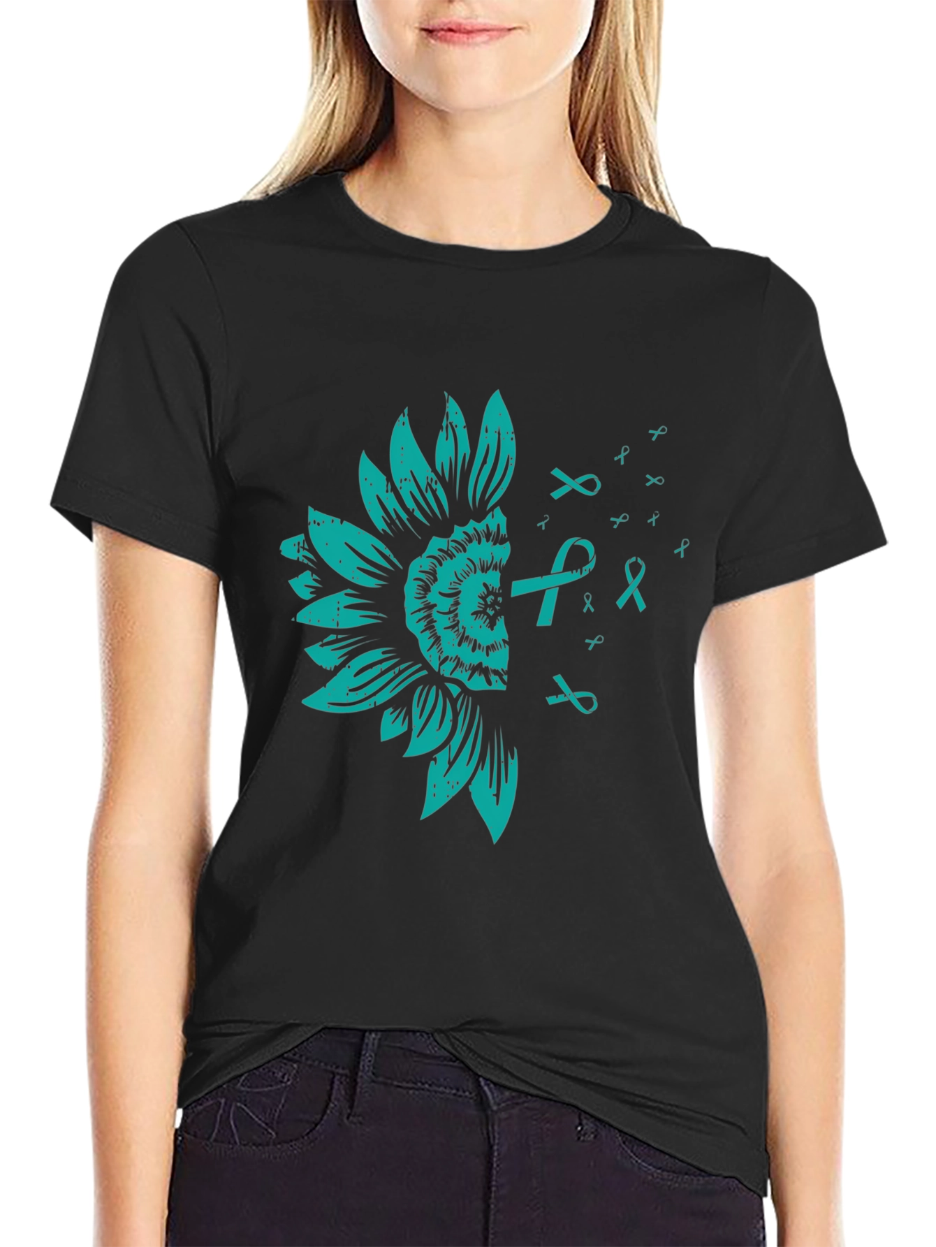 Teal Sunflower Ribbon Awareness T-Shirt