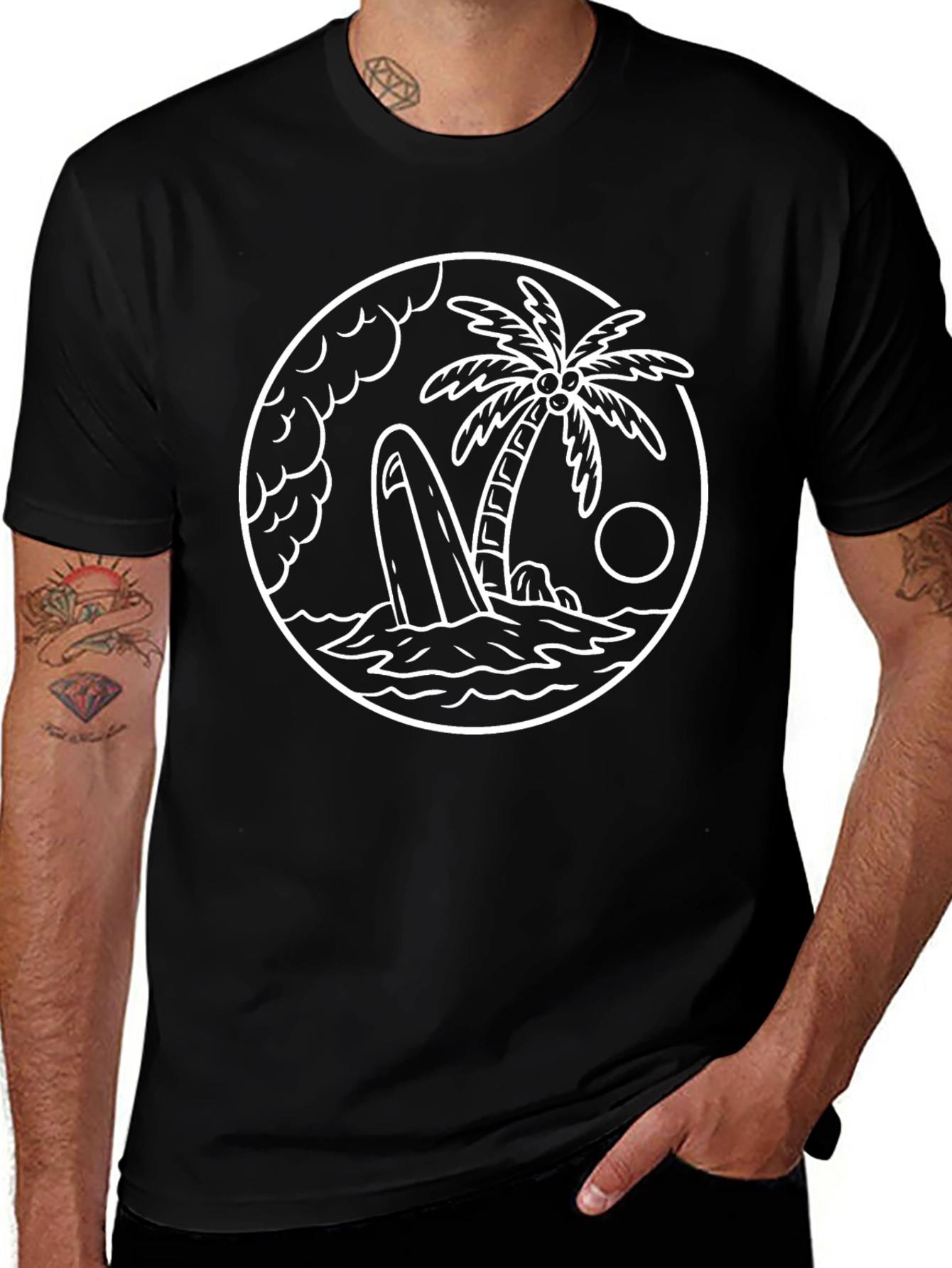 Black T-Shirt with Beach Island Graphic