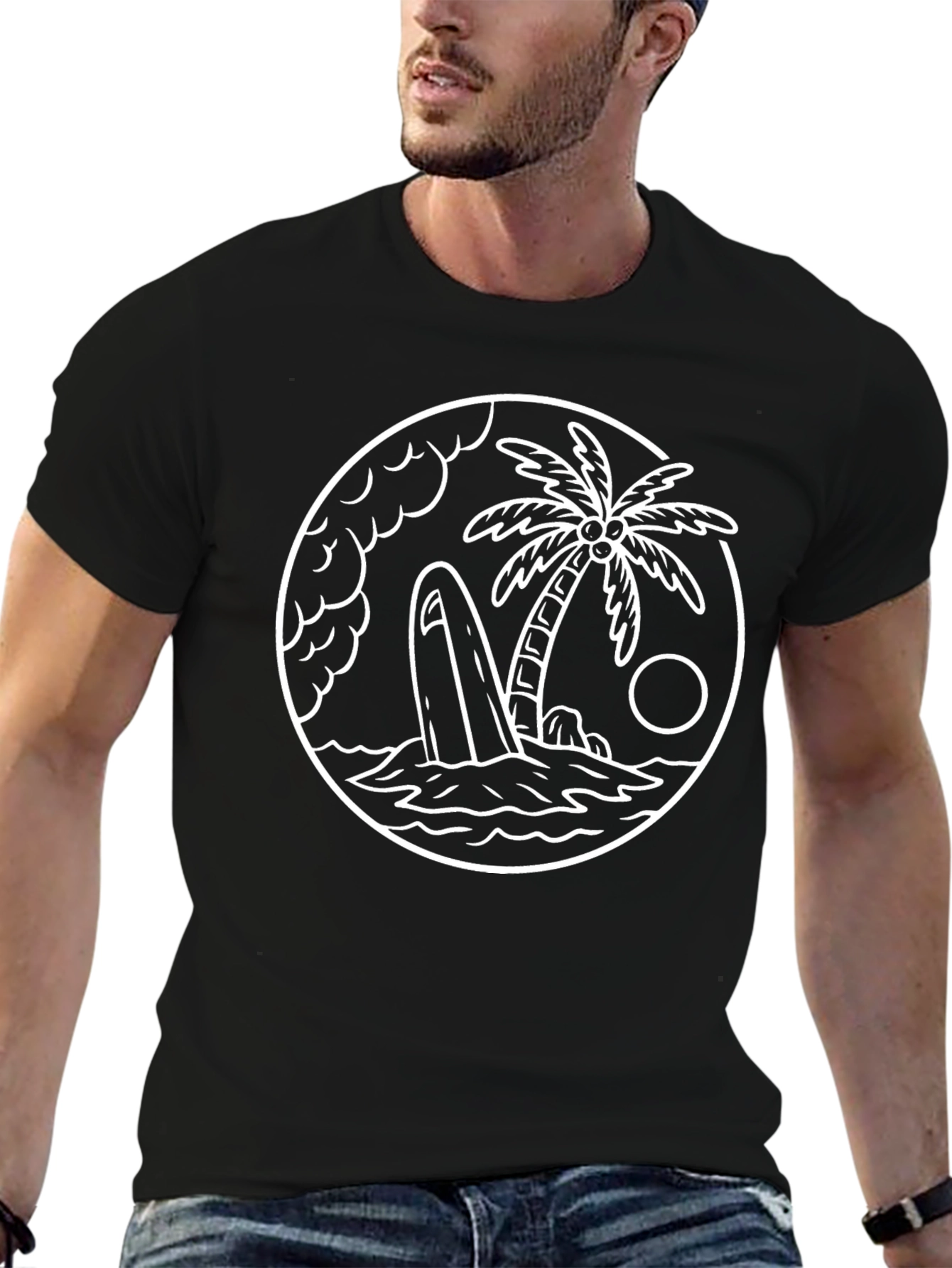 Black T-Shirt with Beach Island Graphic