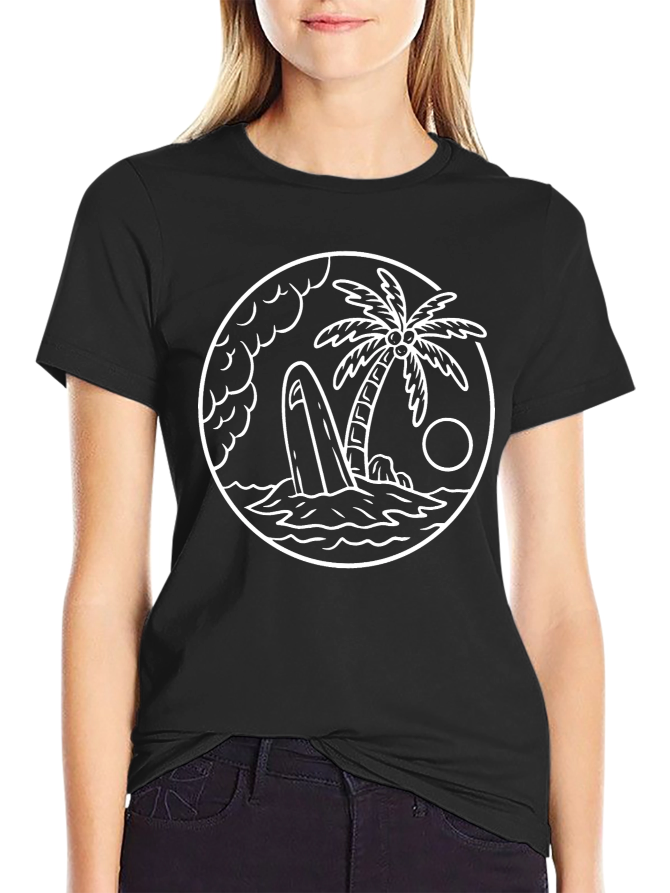 Black T-Shirt with Beach Island Graphic