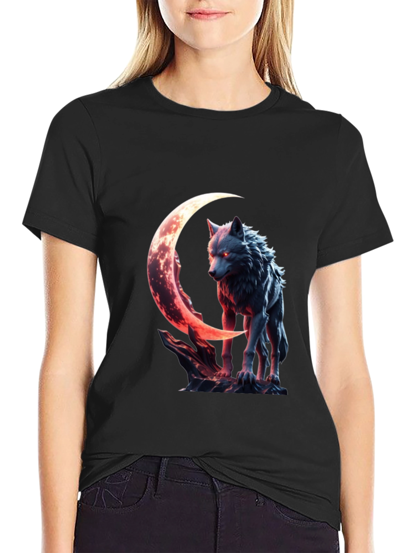 Wolf Moon Graphic Tee - Black Cotton Shirt
