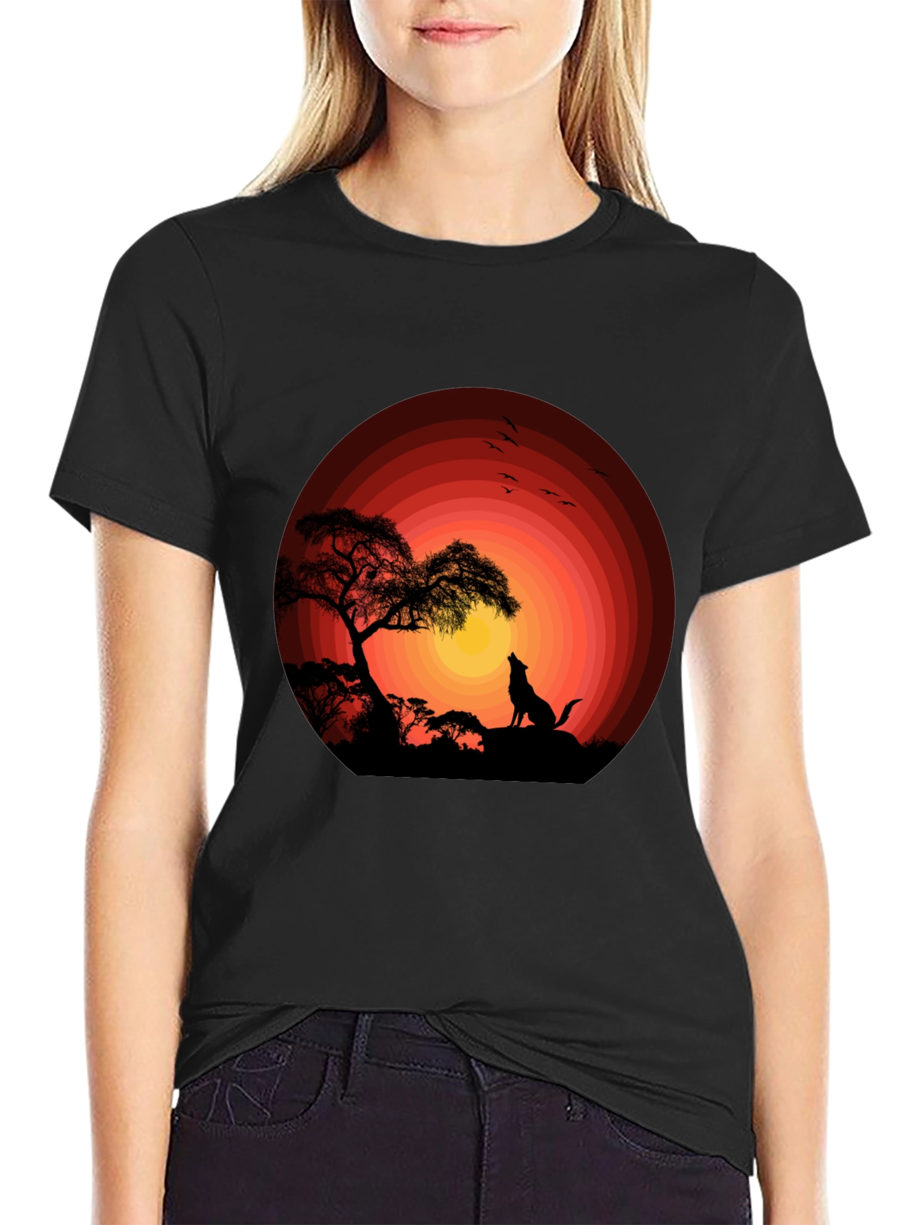 Wolf Sunset Graphic Tee - Black Cotton T-Shirt