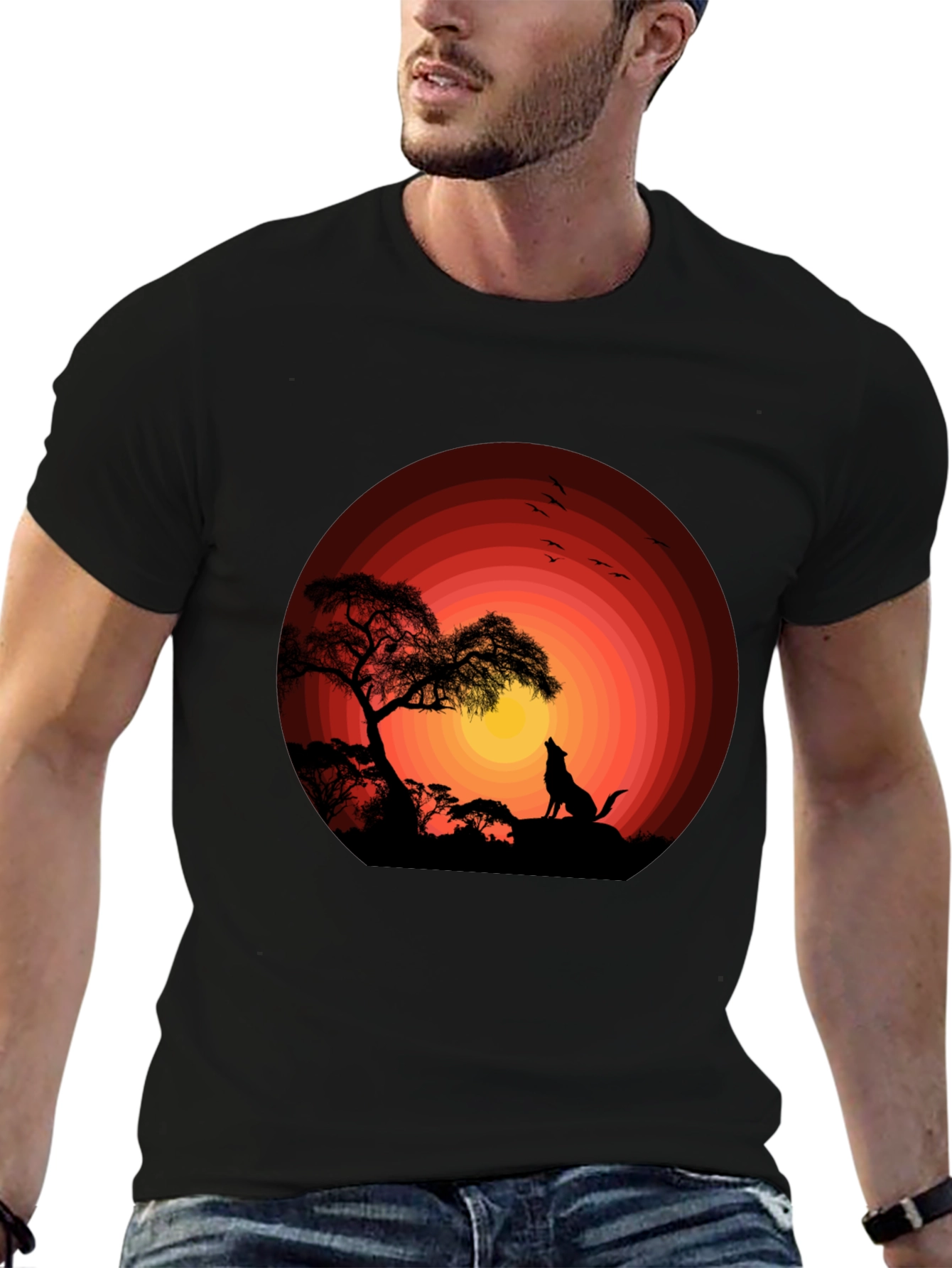 Wolf Sunset Graphic Tee - Black Cotton T-Shirt