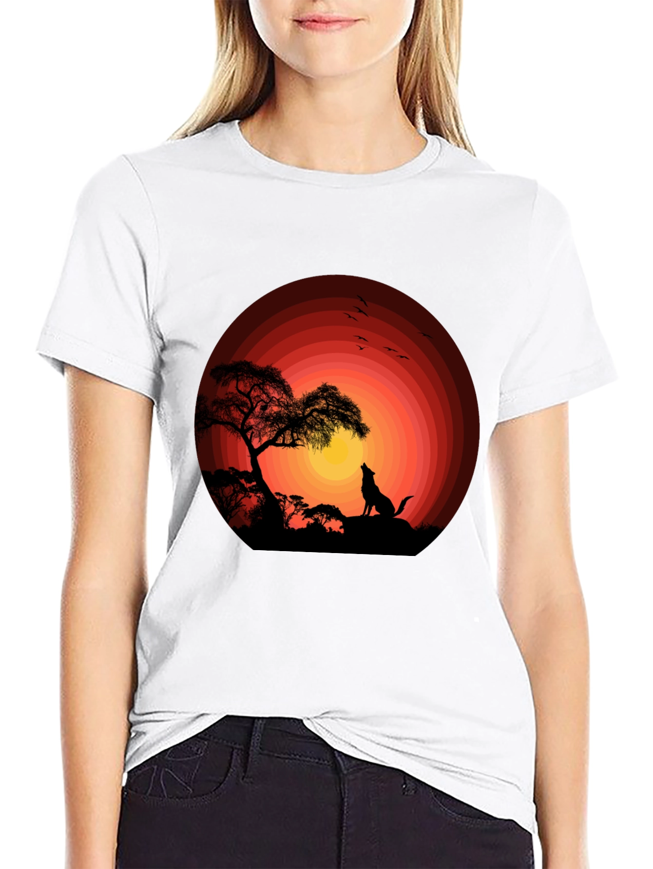 Wolf Sunset Graphic Tee - Black Cotton T-Shirt