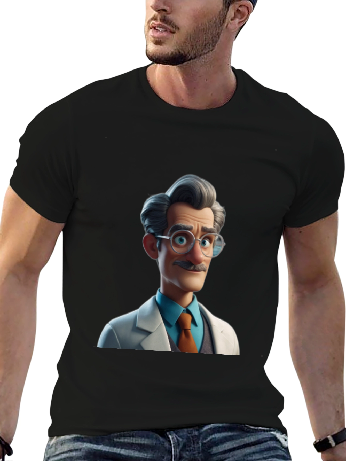 Cartoon Scientist Graphic Tee - Black Casual T-Shirt