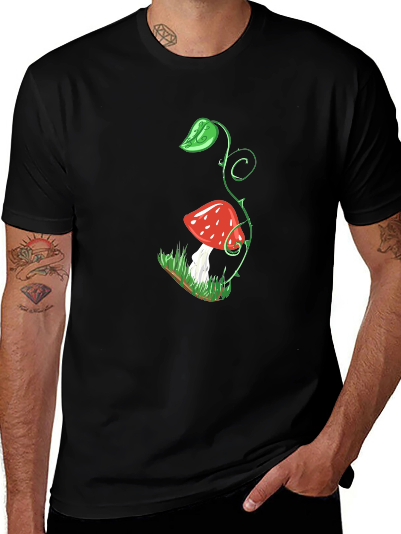 Mushroom Plant Graphic Black T-Shirt