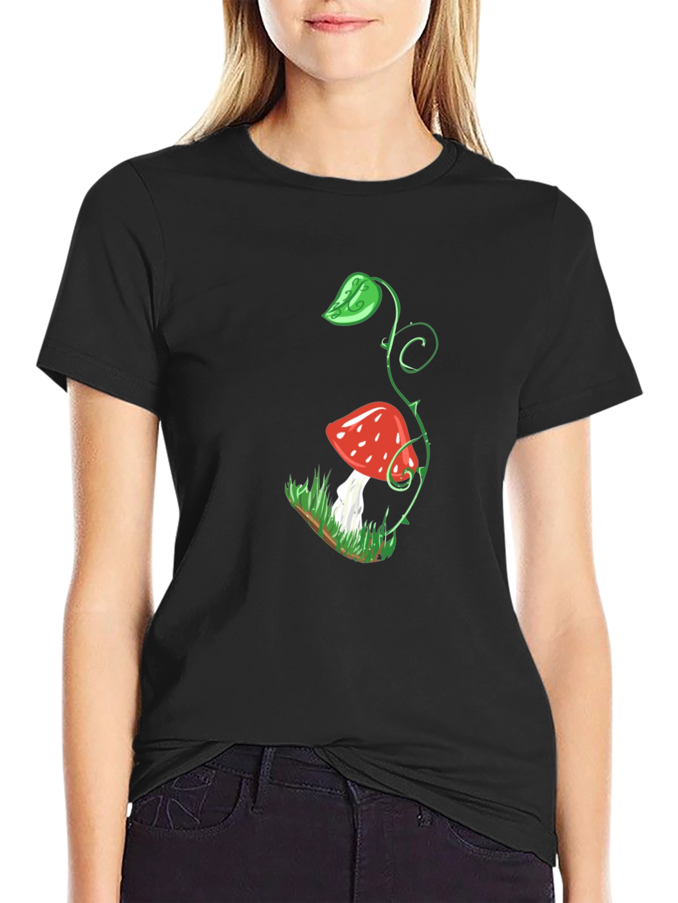 Mushroom Plant Graphic Black T-Shirt