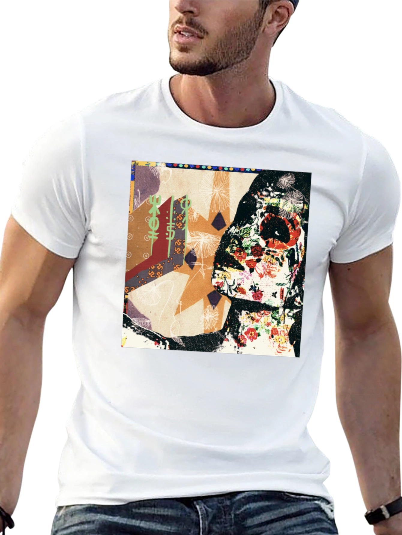 Floral Skull Abstract Graphic Tee - Black