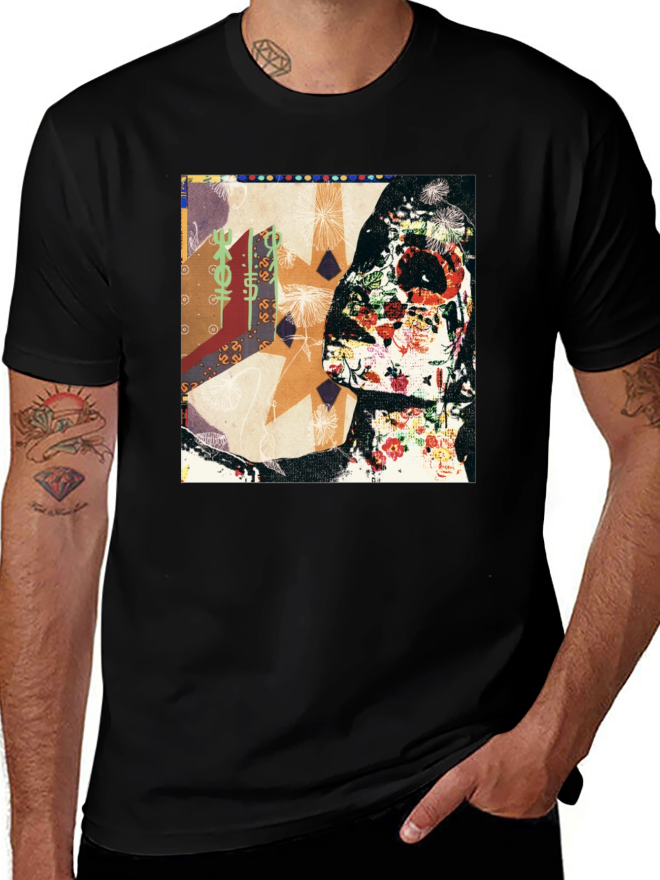 Floral Skull Abstract Graphic Tee - Black