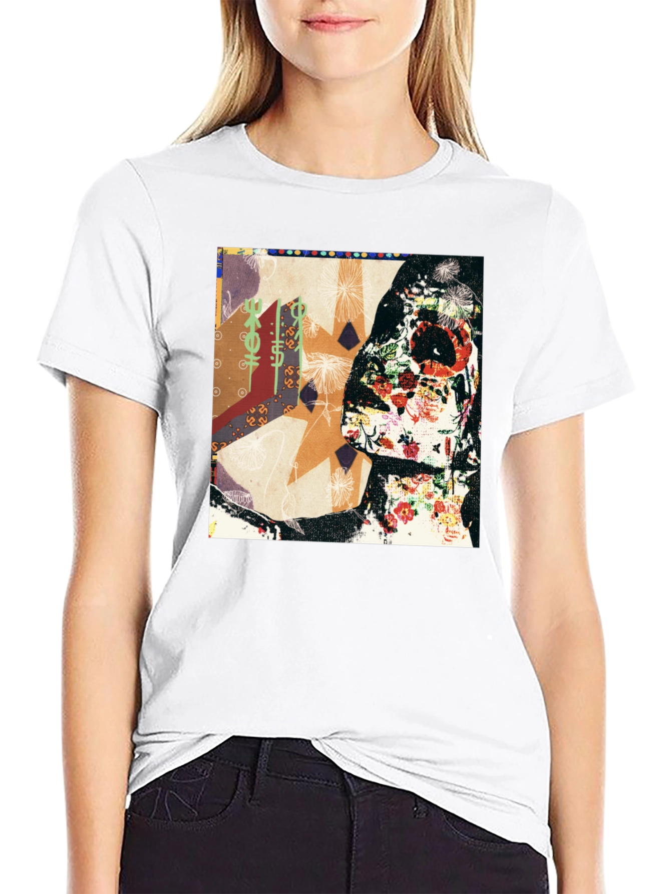 Floral Skull Abstract Graphic Tee - Black