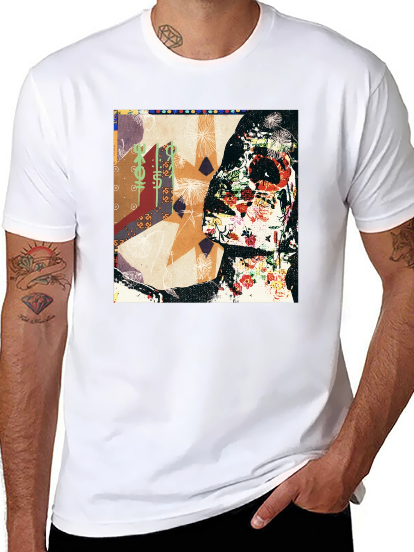 Floral Skull Abstract Graphic Tee - Black