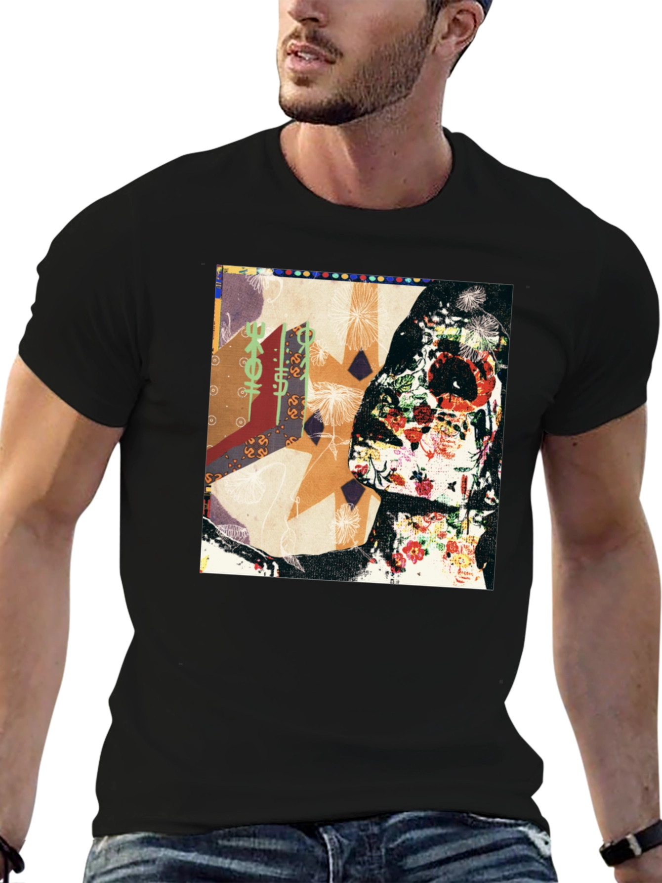 Floral Skull Abstract Graphic Tee - Black