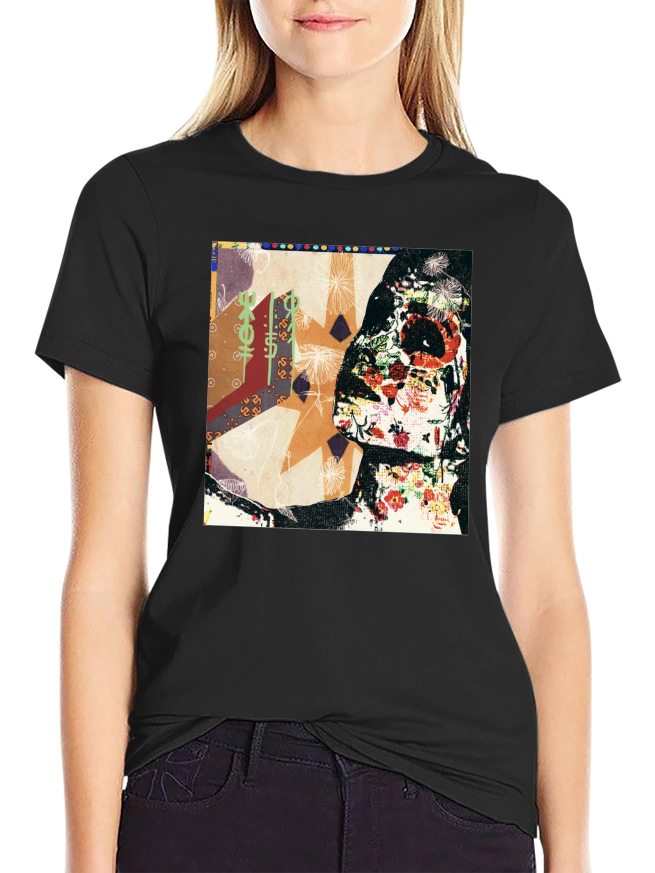 Floral Skull Abstract Graphic Tee - Black