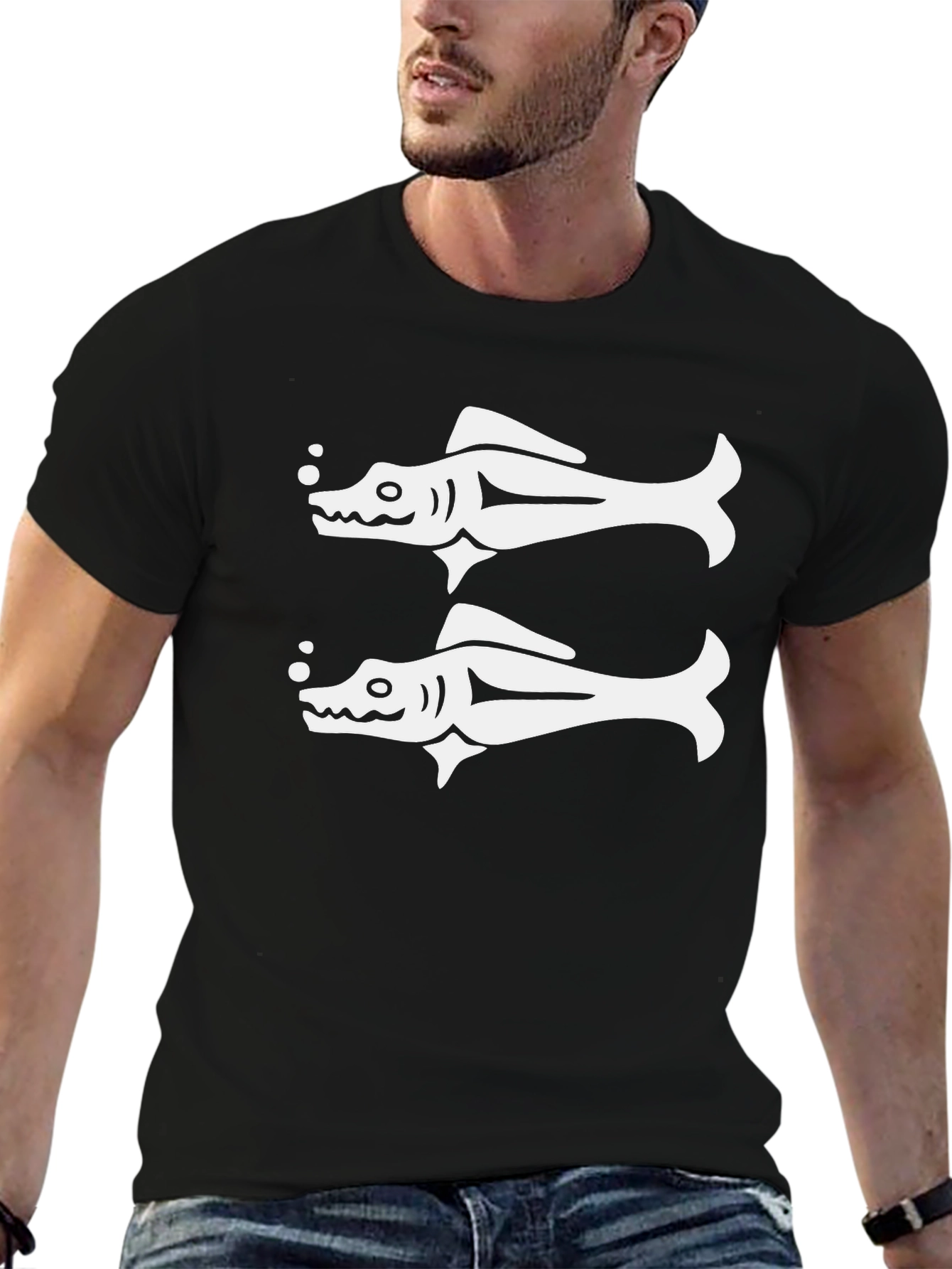 Double Fish Graphic Tee - Black Cotton T-Shirt