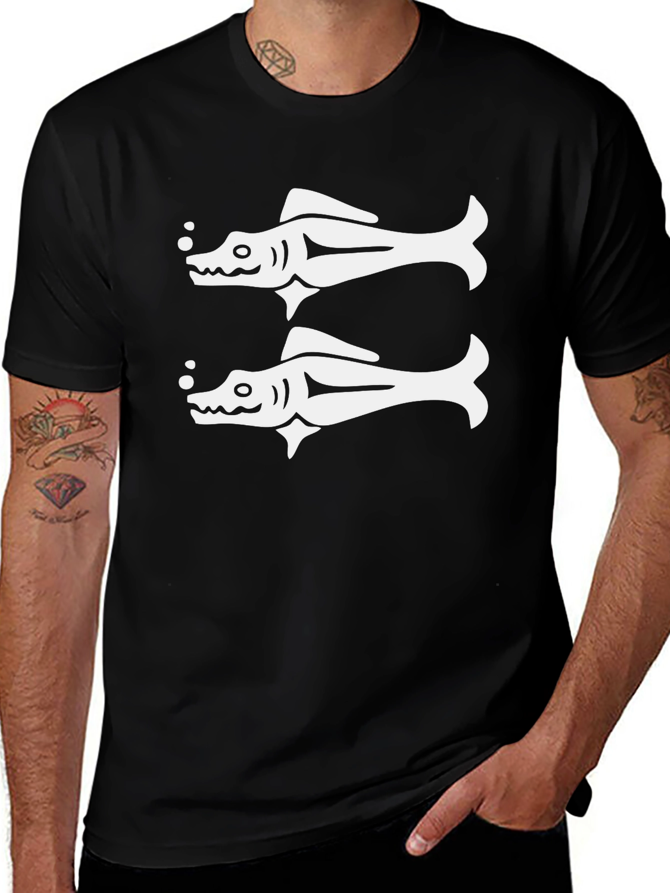 Double Fish Graphic Tee - Black Cotton T-Shirt