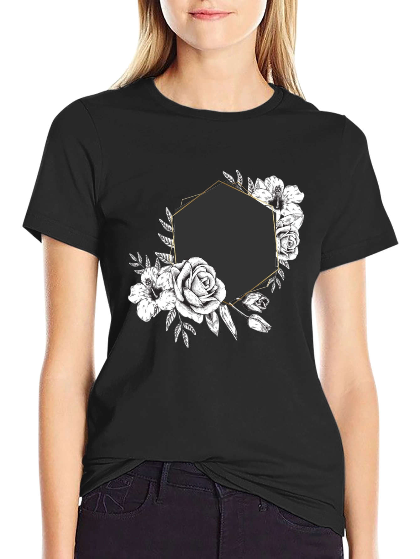 Floral Hexagon Graphic Tee - Black