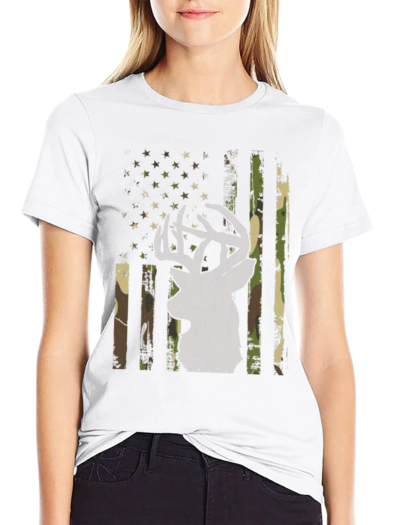 Deer Camo American Flag Graphic T-Shirt