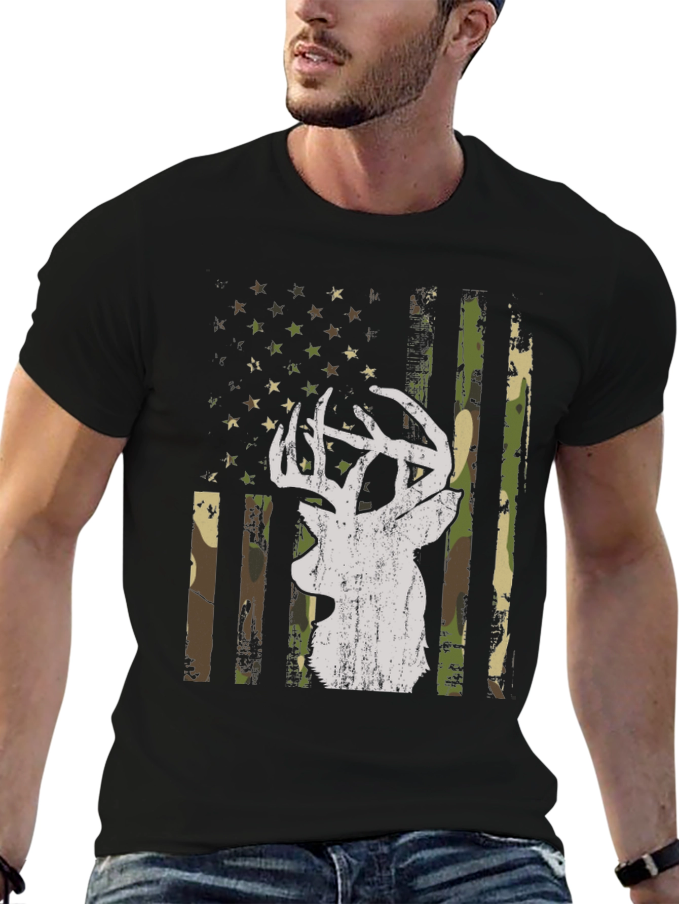 Deer Camo American Flag Graphic T-Shirt